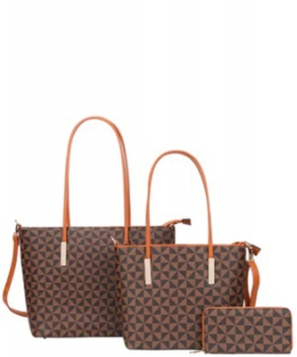 3in1 Monogram Print Tote Bag With Bag Wallet 007-8233-S BROWN
